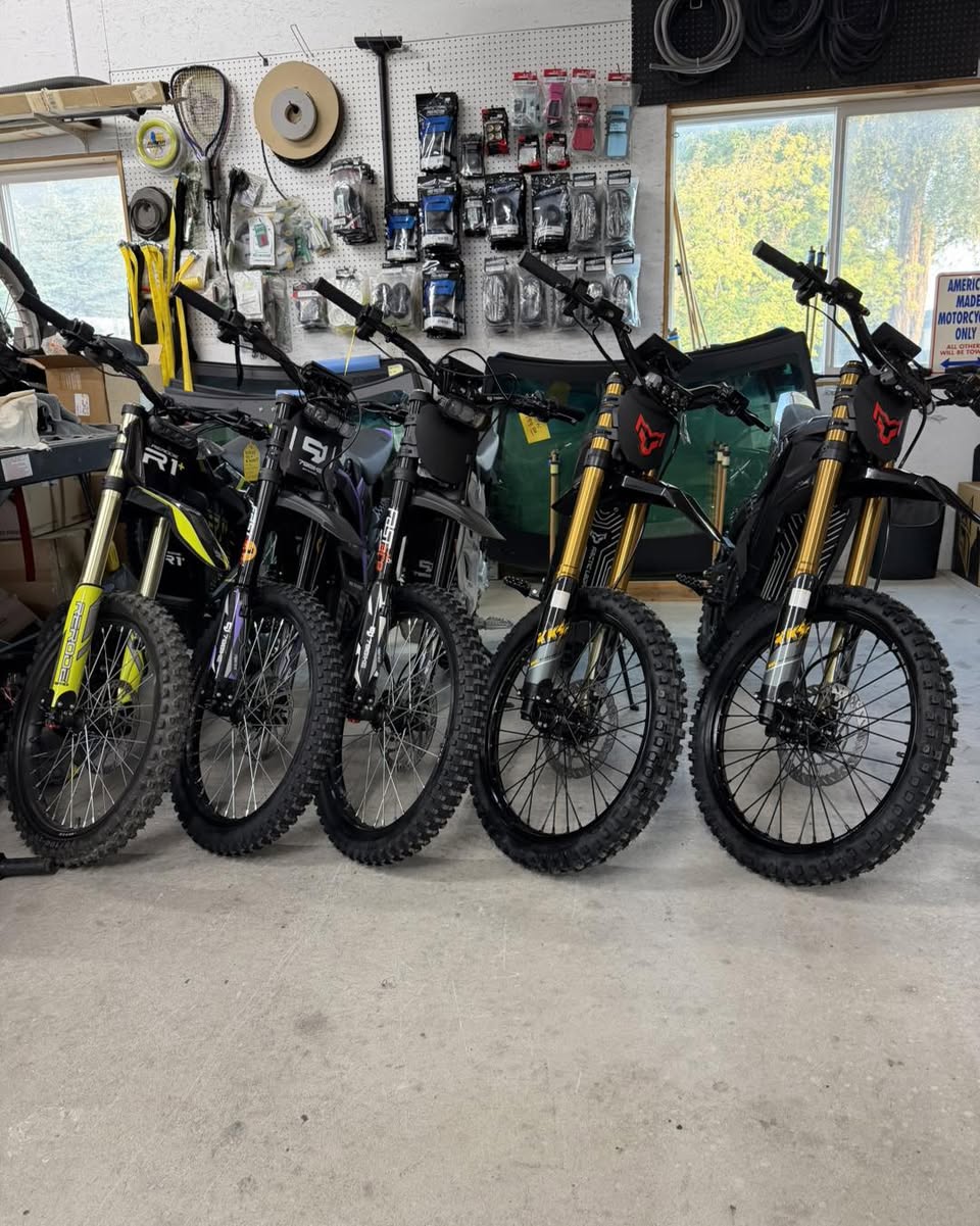A Rerode R-series electric dirt bike with inverted forks and disc brakes at B&L Specialties.