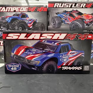 Traxxas Slash 4X4, Rustler 4X4 and Stampede 4X4 boxes on the shelf at B&L Specialties.